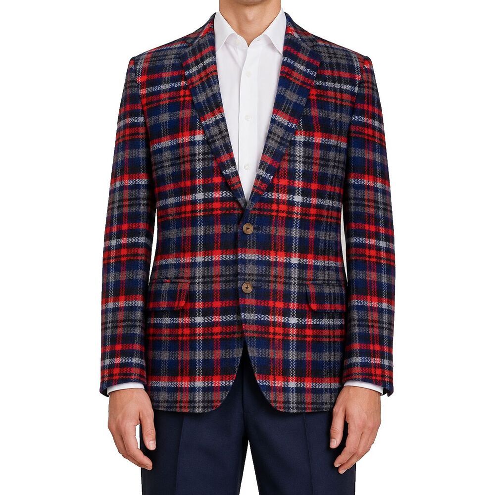 Mens Lambswool Blazer 44R Blue Red Gray Plaid Sport Coat Jacket Preppy Wedding